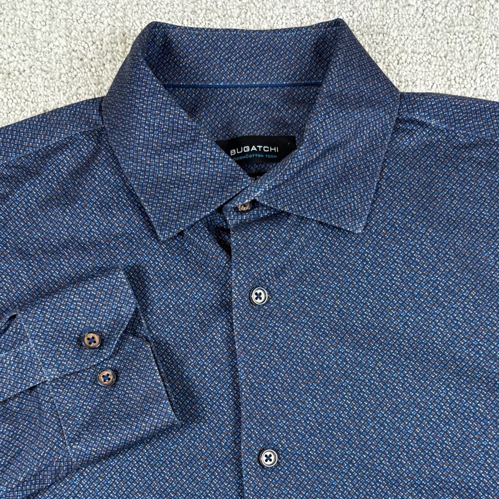 Bugatchi Mens Medium Navy Blue OoohCotton Tech 8 Way Stretch Button Up Shirt
